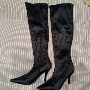 Karen Millen Elegant Black Satin Over the Knee Boots